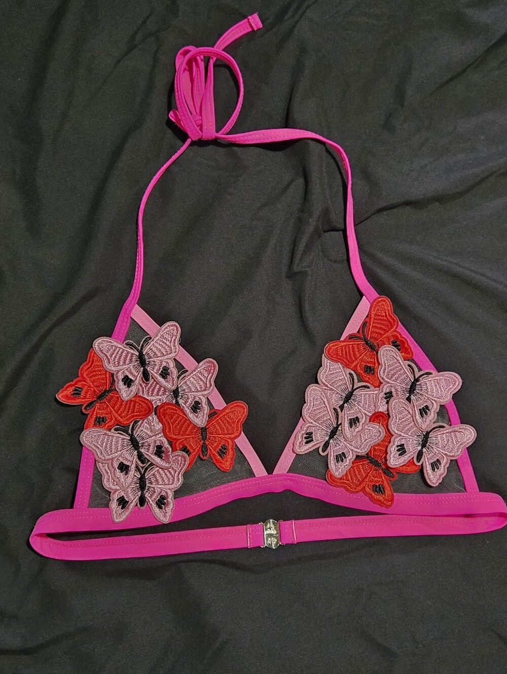 SHEIN Hot Pink Triangle Bralette with Pink & Red Butterfly Appliqués